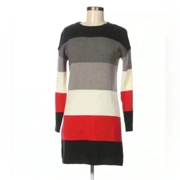 Blue Rain sweater mini dress in red, black, grey, and cream. Size Medium. - Picture 1 of 8